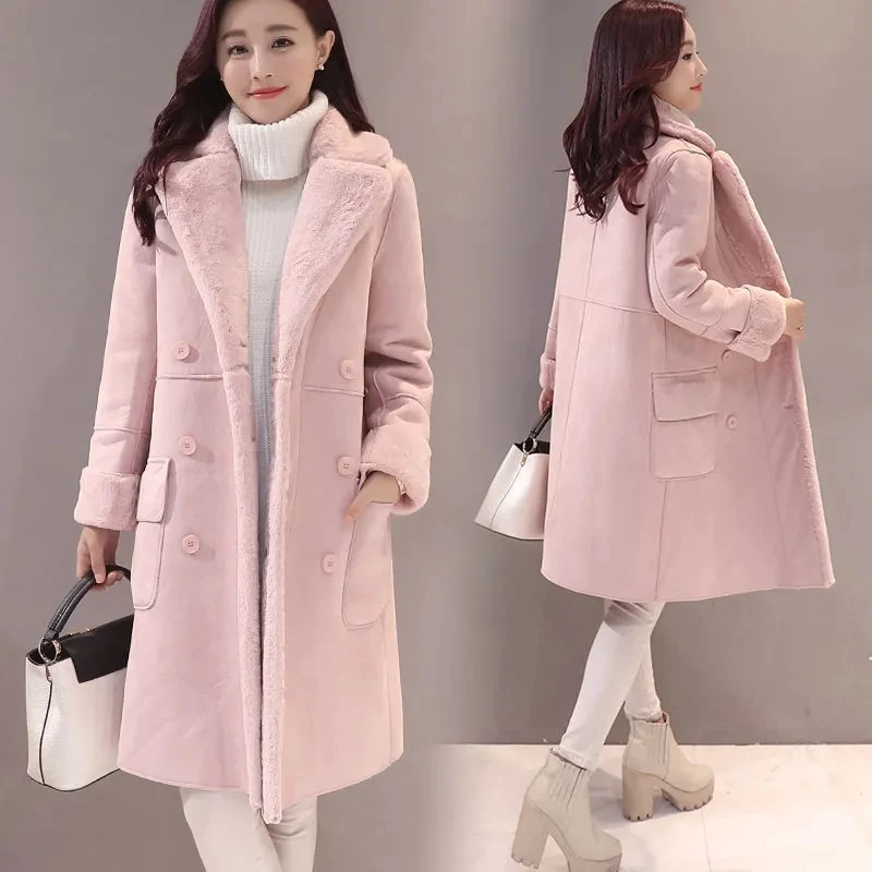 Koreanische Mode Frauen lässig Wolle Lamm wolle Mantel elegante und schicke feste Oberbekleidung langen Mantel weiblichen Pelz warmen Mantel Stoff