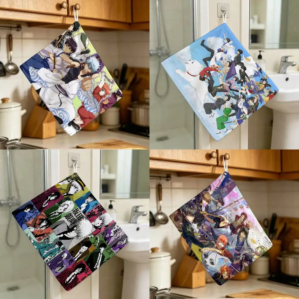 Japanese Anime GINTAMA Polyester Cotton Hanging Kitchen Towel Skin Friendly Hand Wiping Towel For Hotel Cafe Household