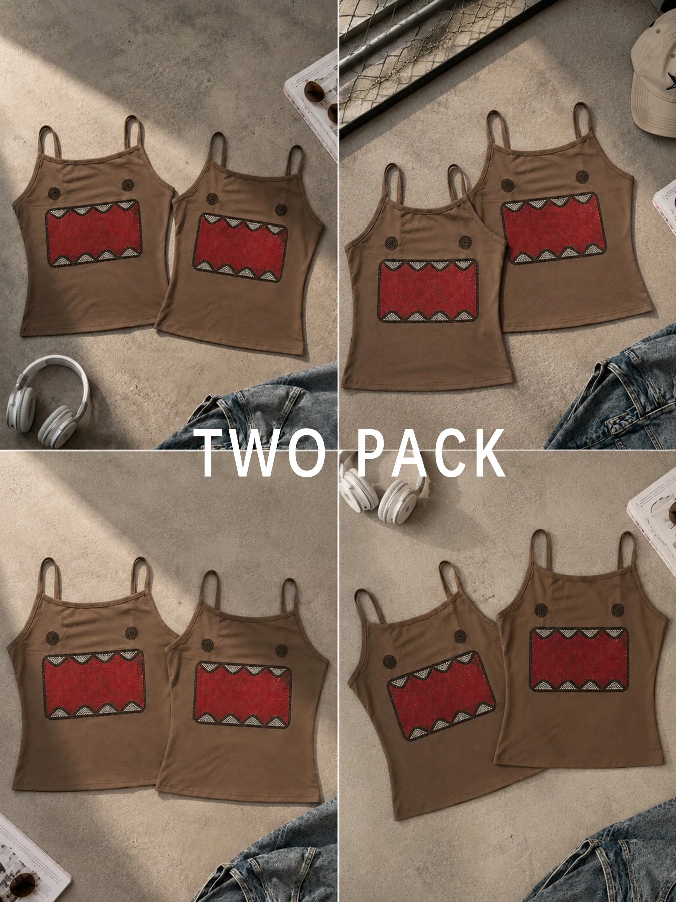 Y2K Women Two Pack Cami Tank Rhinestone Cartoon Monster Print Slim Spaghetti Straps Adjustable Strap Camisole Streetwear Vests