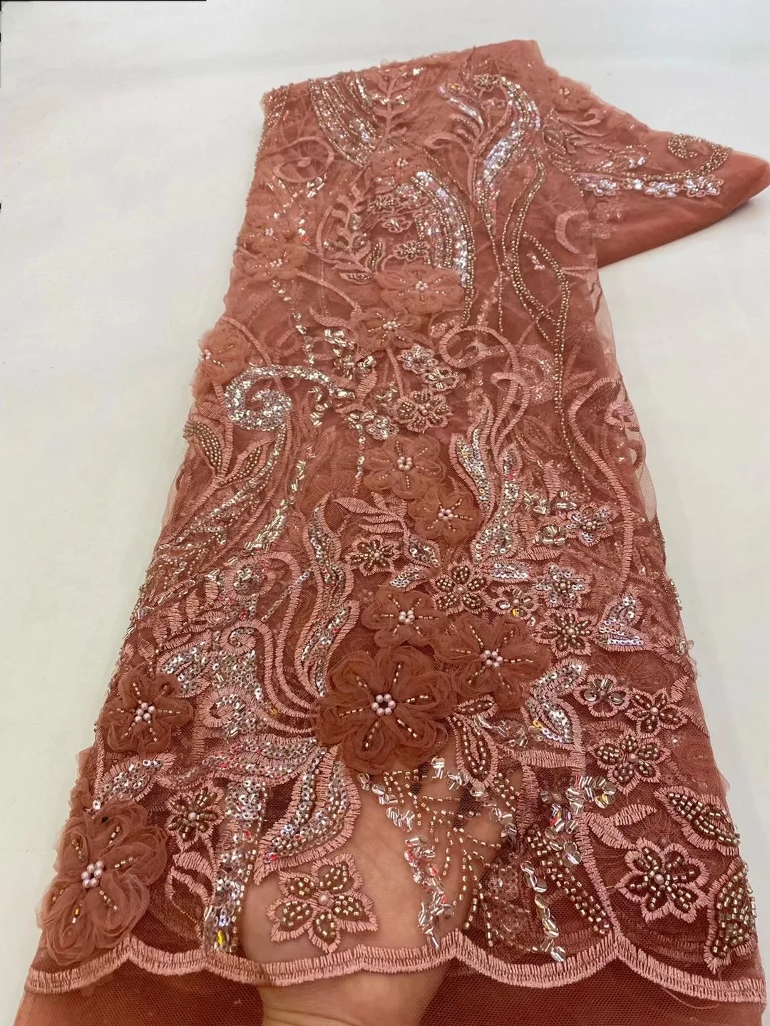 

Luxury Gradient Models 3D Flower Mesh Fabric, Fine Sequins Bead Tube Sewing Party Dress Lace Fabric 5 Yards AXZ5704