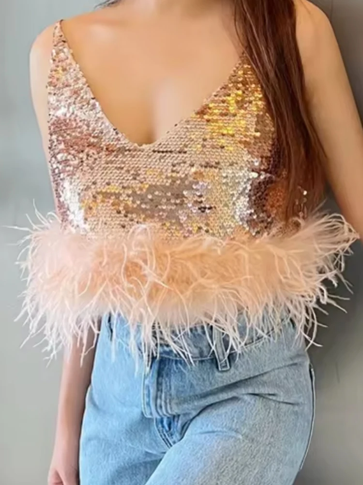 Women's Sexy V-neck Sleeveless Solid Party Blouse 2026 Fashion Sequined Backless Vests Elegant Fringed Splicing Suspender Tops
