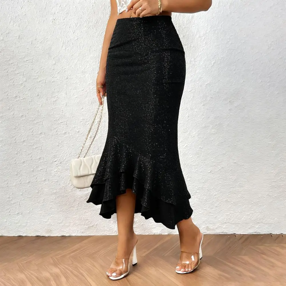 Women Midi Skirt Sexy Hip-Hugging Design Hip-Covering Pure Color Party Skirt Glitter Low-rise Ruffle Hem Fishtail Skirt