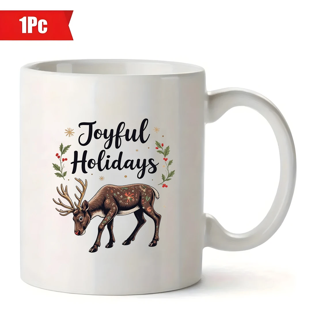 Taza de 11oz, pegatinas de felicitación festivas, diseño de reno pintado a mano, detalles de estrellas, regalo de Navidad, taza para niños, oficina familiar, café Comp