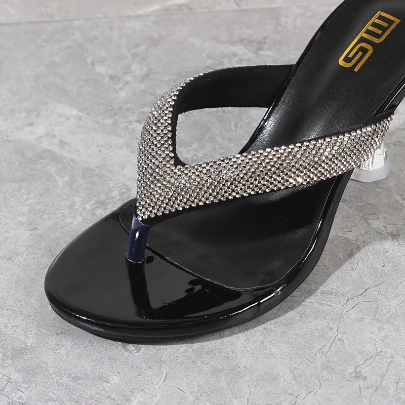 Women's Modern Slippers Summer New Patent Leather Crystal Clip Toe High Heel Shoes Fine Heel Yellow Outside Fashion Women Slides