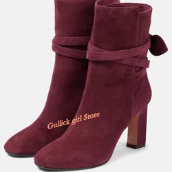 Stivaletti alla caviglia con cinturino in pelle scamosciata bordeaux indietro nodo a farfalla punta di mandorla tacco largo solido inverno autunno moda donna scarpe eleganti