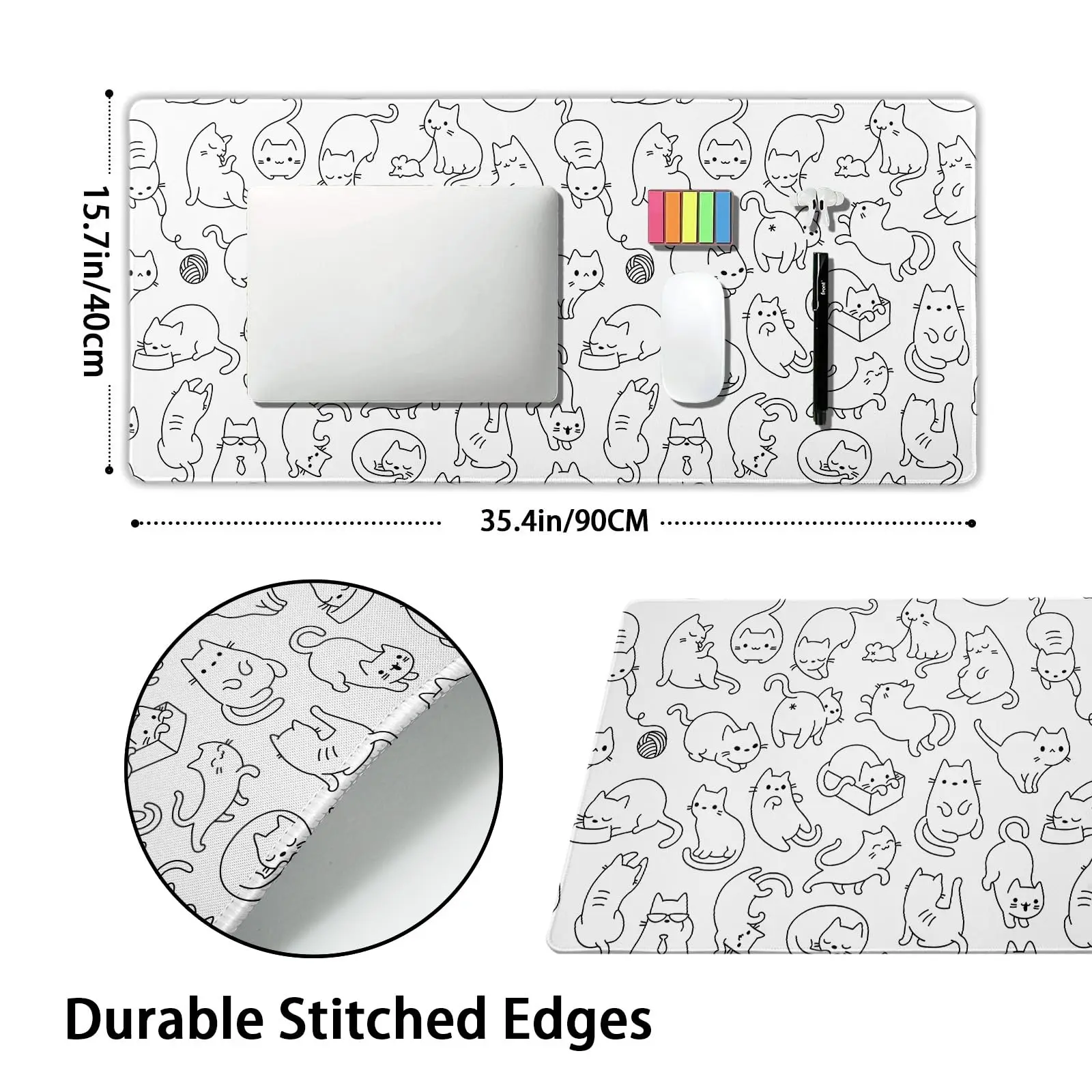 White Cute Cat Gaming Mouse Pad Kawaii Kittens Anime Aesthetic Desk Mat Non-Slip Rubber Base Stitched Edge Keyboard Mousepad