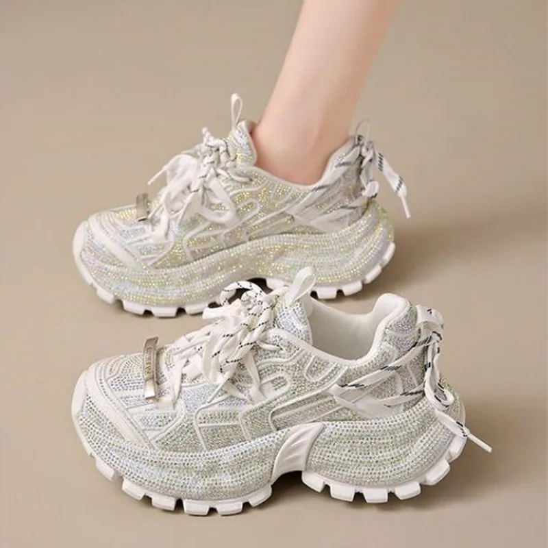 

New 2026 Fashion Chunky Sneakers Women Full Diamond Strap Thick Soled Casual Sports Shoes Pink Colors Sneakers Zapatos Mujer