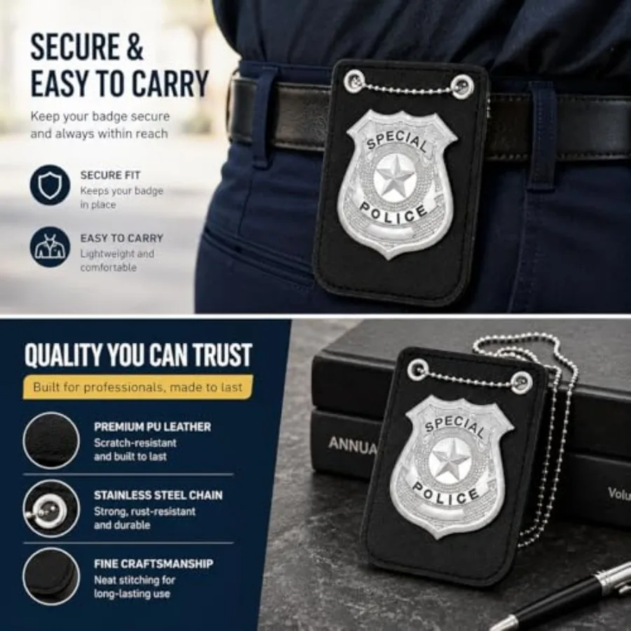 iMagitek 2 Pcs Police Costume Accessories for Adults Police Badge with Chain and Belt Clip for Cop Play Costume Accessories Pol view 5
