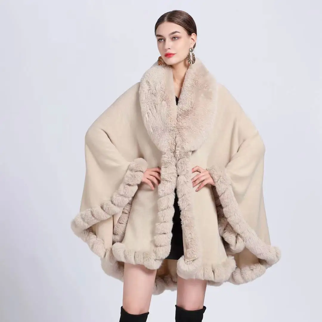 Europe America New Imitation Otter Rabbit Fur Collar Hooded Imitation Cashmere Loose  Ponchos Women Capes Khaki Cloak