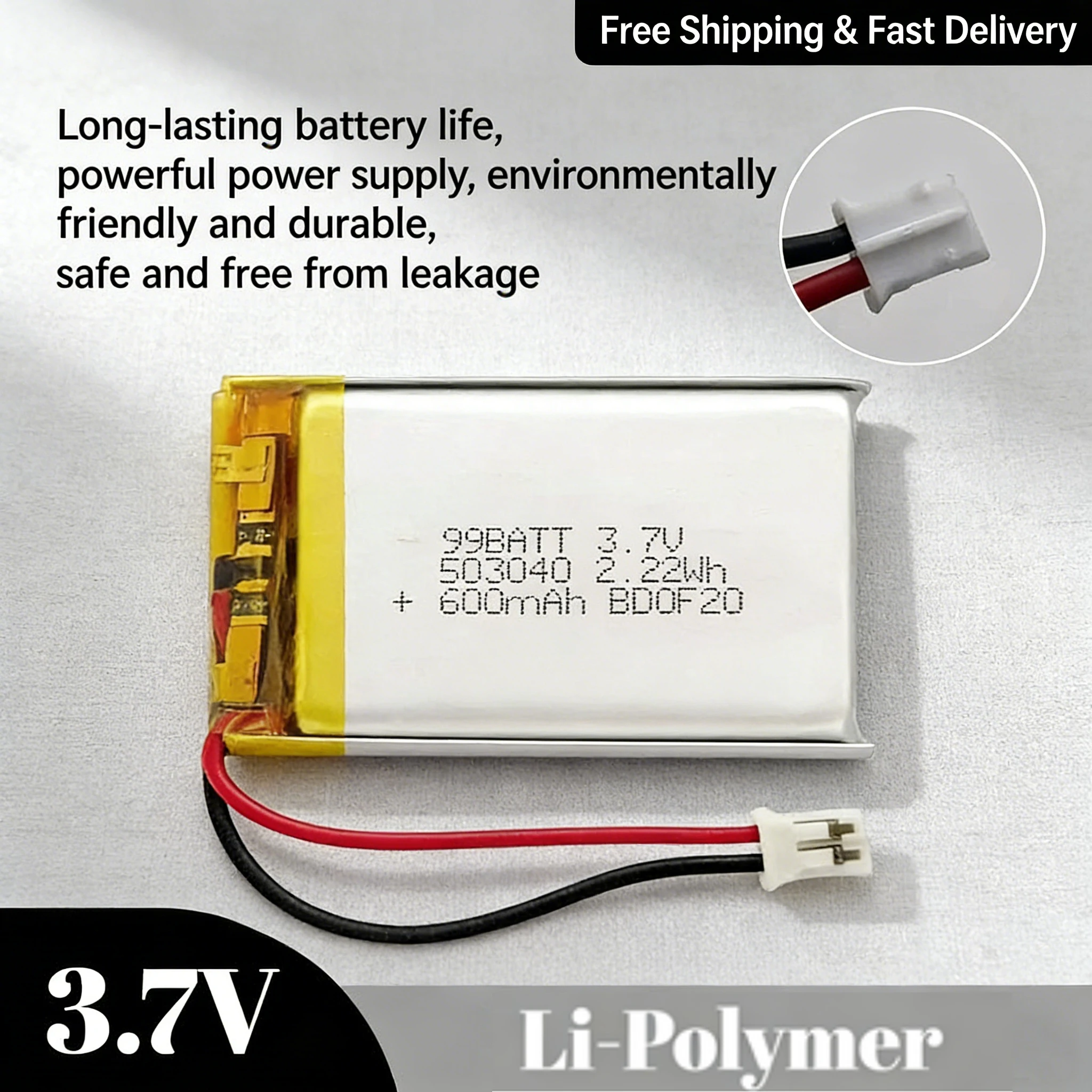 

3.7V 600mAh 503040 053040 Lipo Battery, Rechargeable Lithium Ion Polymer Cell for LED Light, Bluetooth Speaker, Radio, GPS