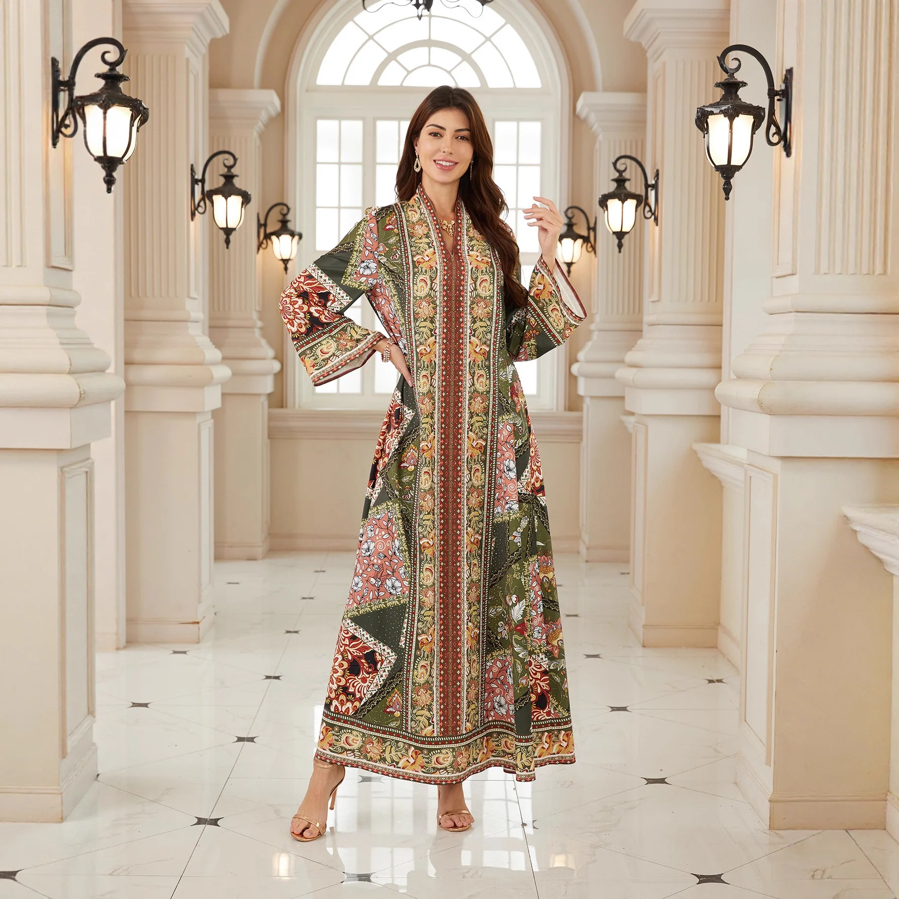 

Floral Print Robe Eid Outfits Muslim Women Dress Ramadan Dubai Kaftan Vestidos Jalabiya Abaya V Neck Loose Dresses Elegant 2026