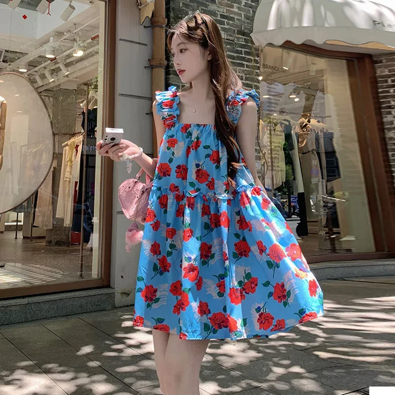 Sweet Floral Vacation Style Mini Dress For Women Summer French Feeling Tank Dress With Fashionable Shell Ears