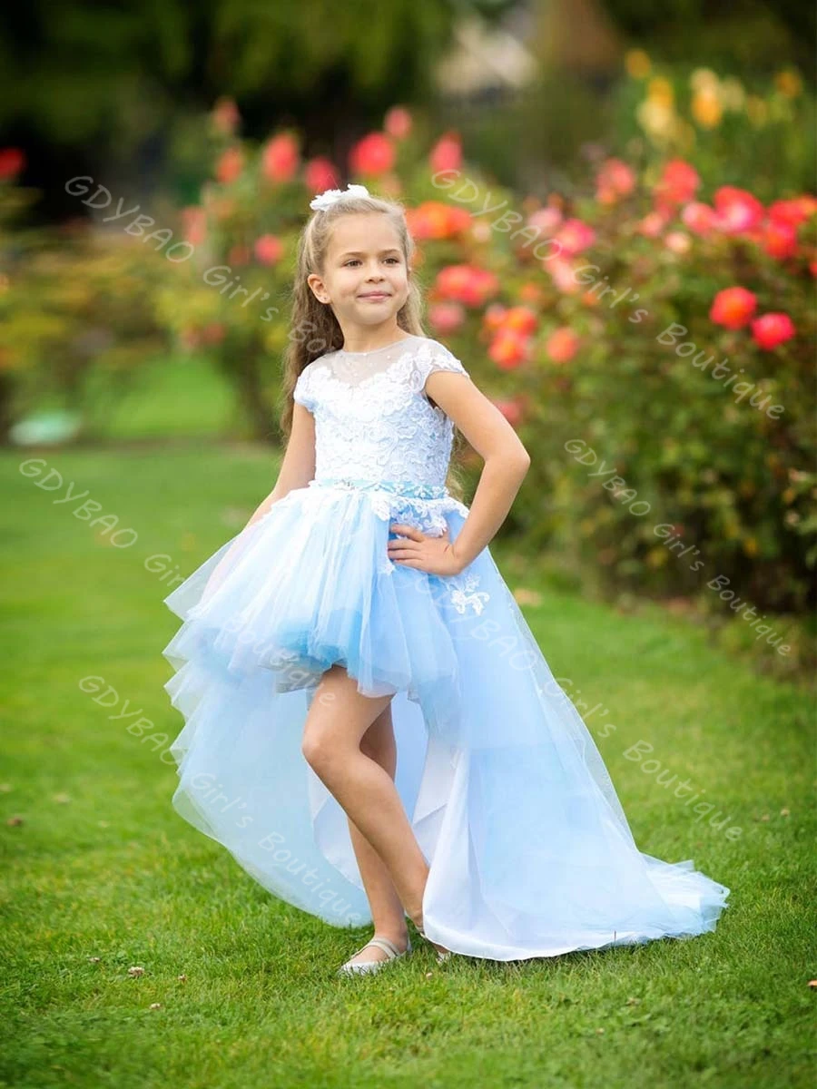 하이 로우 플라워 걸 드레스 웨딩 유아용 비즈 레이스 튤 성찬식 파티 드레스 2-14세 어린이 맞춤형 파티 볼 가운