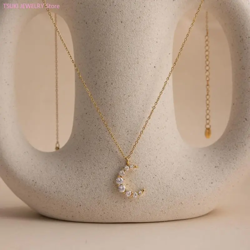 62KE Graceful Moon Symbol Necklace Combining Stainless Steel And Zircon