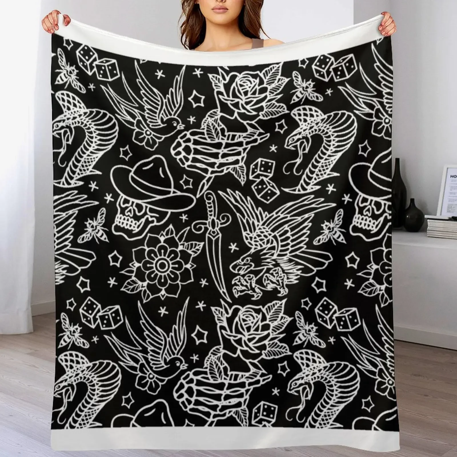 American Traditional Tattoo Flash Print Throw Blanket Cozy Home Blanket Gift for Christmas Holiday