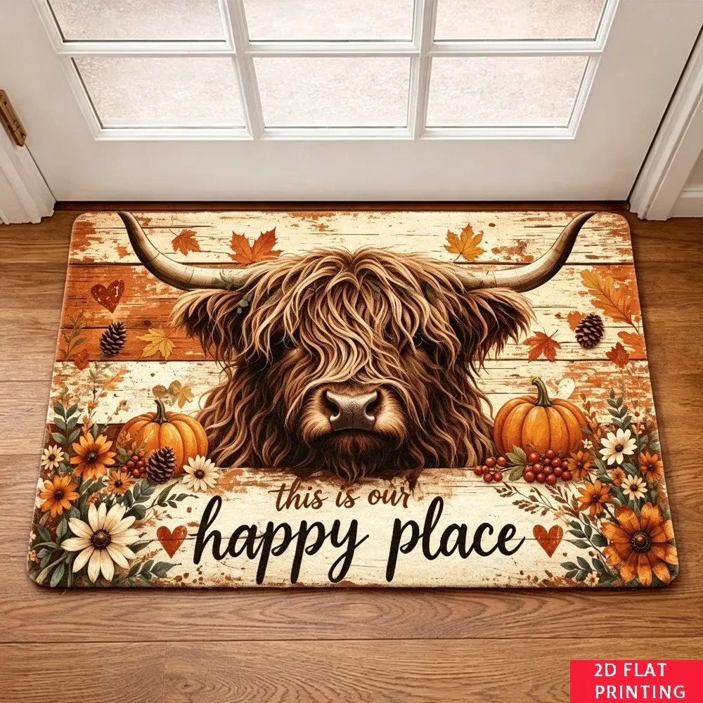 Highland Cow Happy Place Mat Rustic Wood Pumpkin Flower Print Non Slip Coir Door Rug For Farmhouse Style Front Porch Decoration