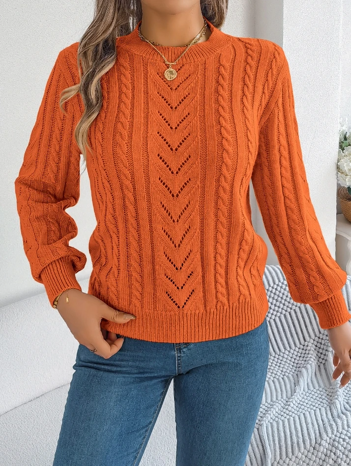 

Women's Casual Solid Hollow Out Lantern Sleeve Sweater Temperament Commuting Winter New Female Fashion Round Neck Knit Pullovers