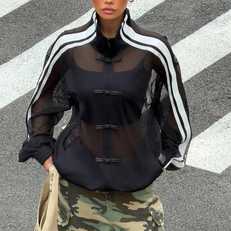 Damen-Mesh-Sweatshirt-Jacke mit Reißverschluss, Stehkragen, Kontraststreifen, Langen Ärmeln, Froschknöpfen, Lockerer Passform, Y2K-Streetwear – Detail 5