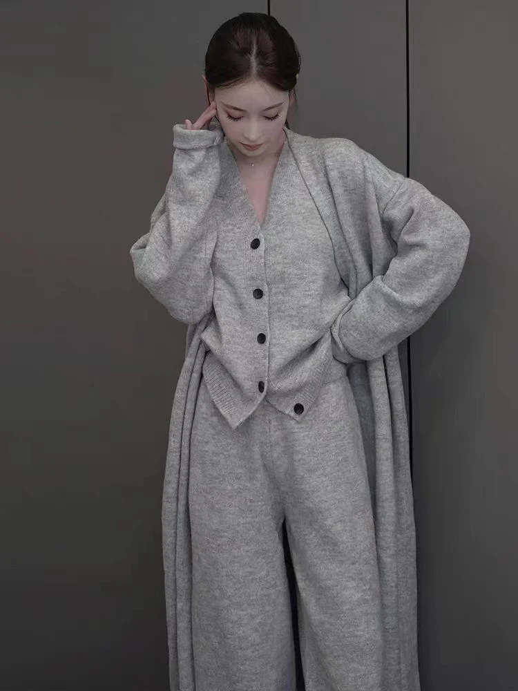 2024 Loose Knitted Suit Autumn Women Set V Neck Vest Long Sweater Coat + Wide Legs Pants Suit Female Tracksuit 3 Piece Set Women