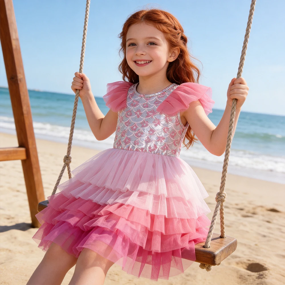 Girls Mermaid Scale Print Tiered Tulle Dress Kids Polyester Flutter Sleeve Summer Pink Ombre Layered Tutu Party Shiny Dresses