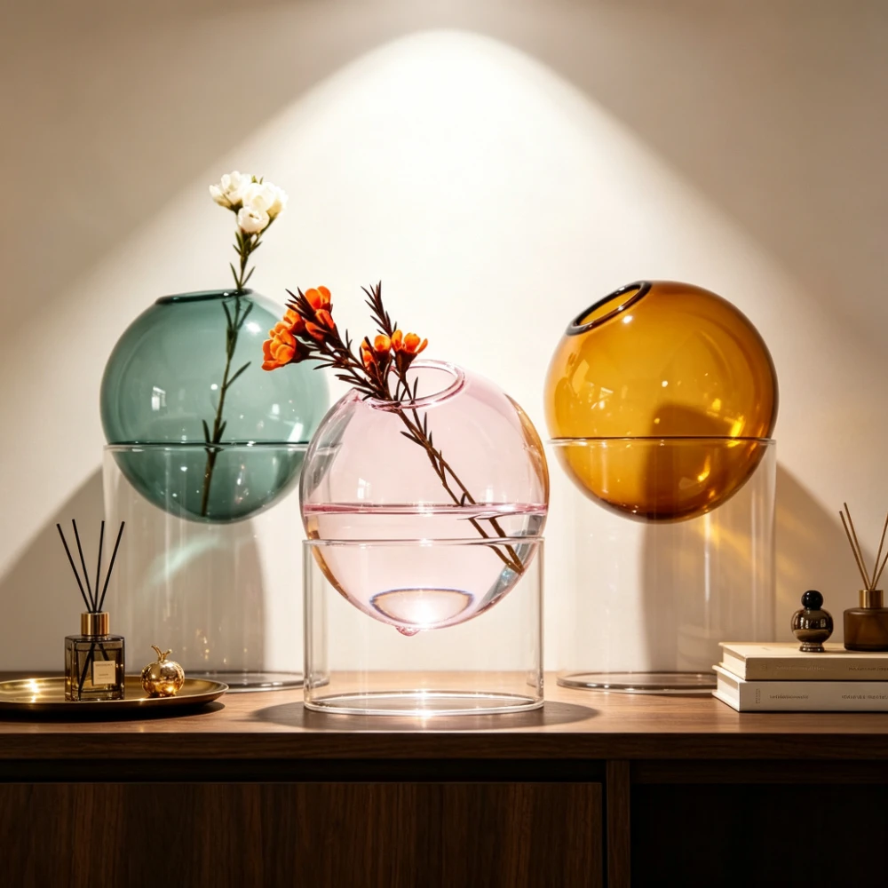 Colorful Spherical Glass Vase with Transparent Cylinder Stand Hydroponic Flower Arrangement Vase Home Tabletop Decoration