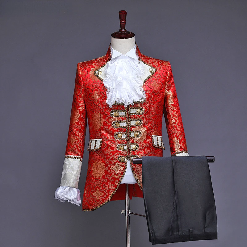 

Mens Classic Fashion Five-Piece Set Suit (Jacket+Pants+Vest+White Collar+Sleeve Flowers) Palace Court Prince Cosplay Costume Red