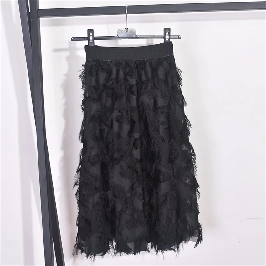 Women's High-Waist Feather A-Line Midi Skirt - Solid Color