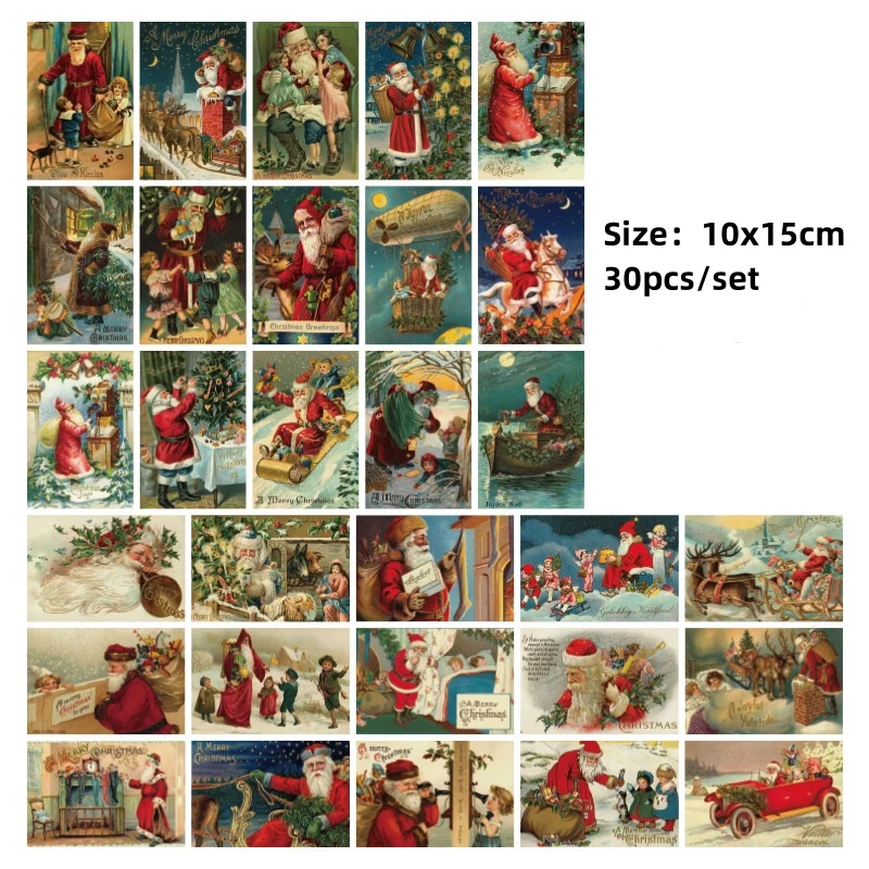 30Pcs Vintage Christmas Greeting Cards Different Festival Element Christmas Postcard No Marks Back Retro Xmas Card Gift открытки