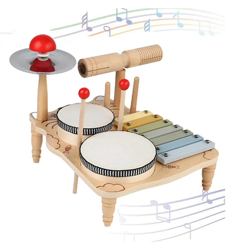 AS98-Kids Drum Set For Toddlers Wooden Early Education Beginner Percussion Music Table Children's Drum Rack Set Easy To Use