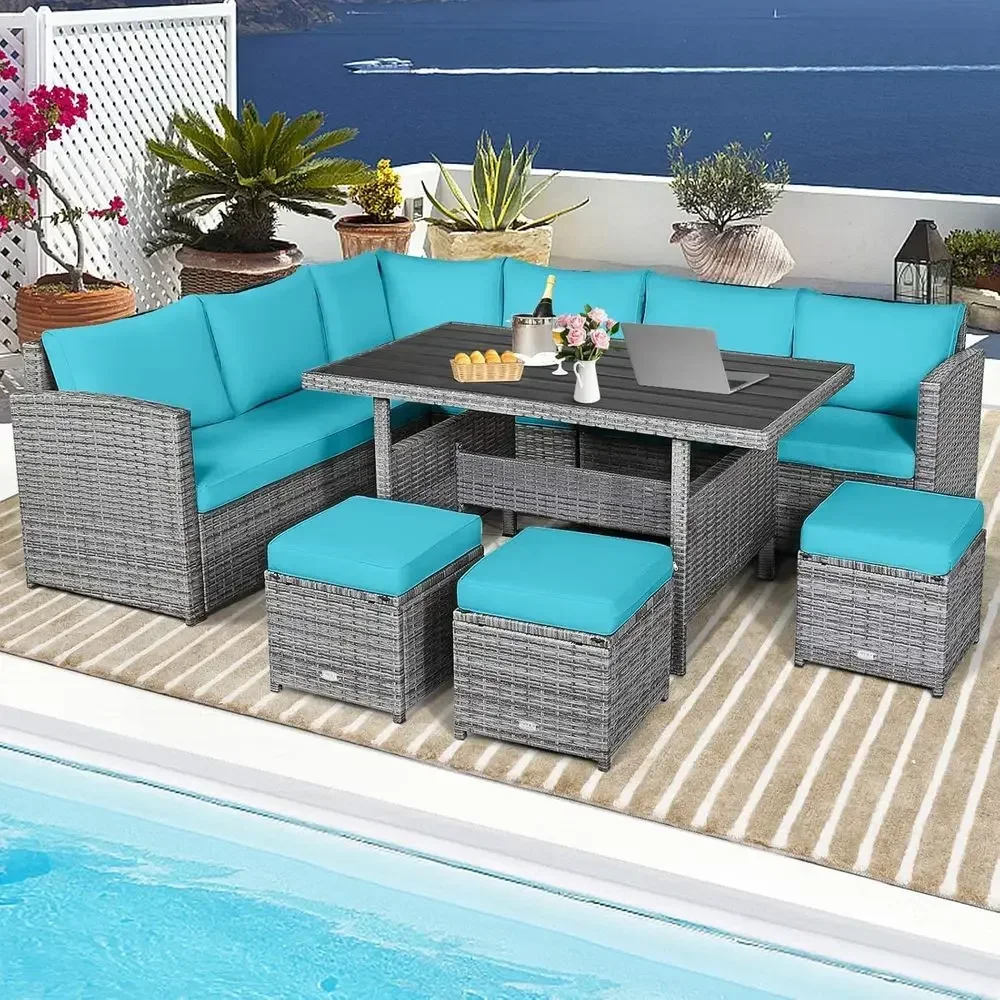 Turquoise 7-Piece Rattan Patio Furniture Set with Cushions, Dining Table, and Ottomans for Outdoor, Poolside, or Balcony Garden