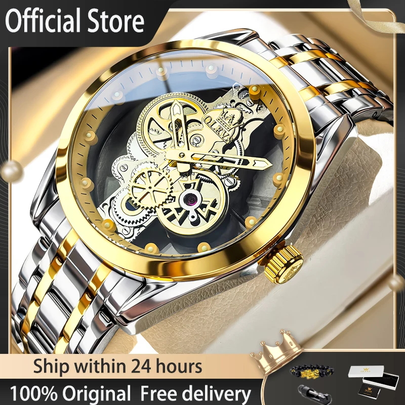 OLEVS 3725 Men Watch ﻿Original Luxury Skeleton Quartz Watch Waterproof Luminous Watches For Man Gifts Box Reloj 40MM