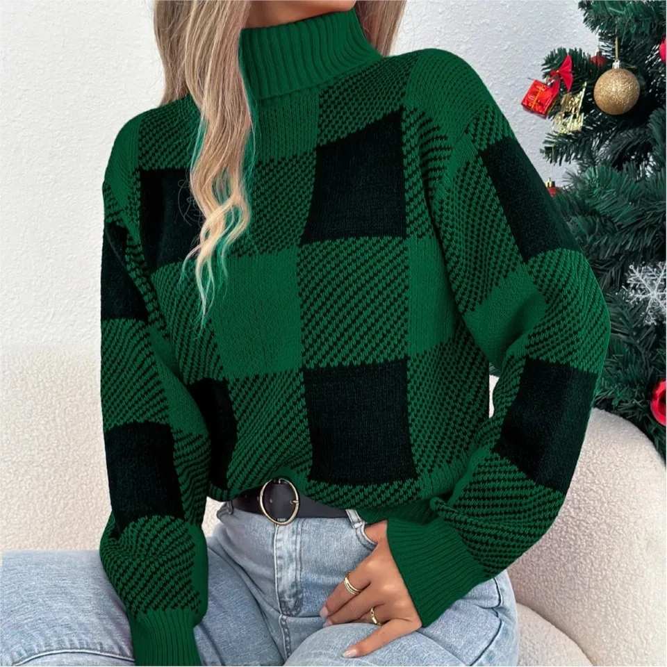 Fashion Knitted Printed Checkered Color-blocking Lantern Long-sleeved High-neck Sweater Autumn New Christmas Women Pullover Top