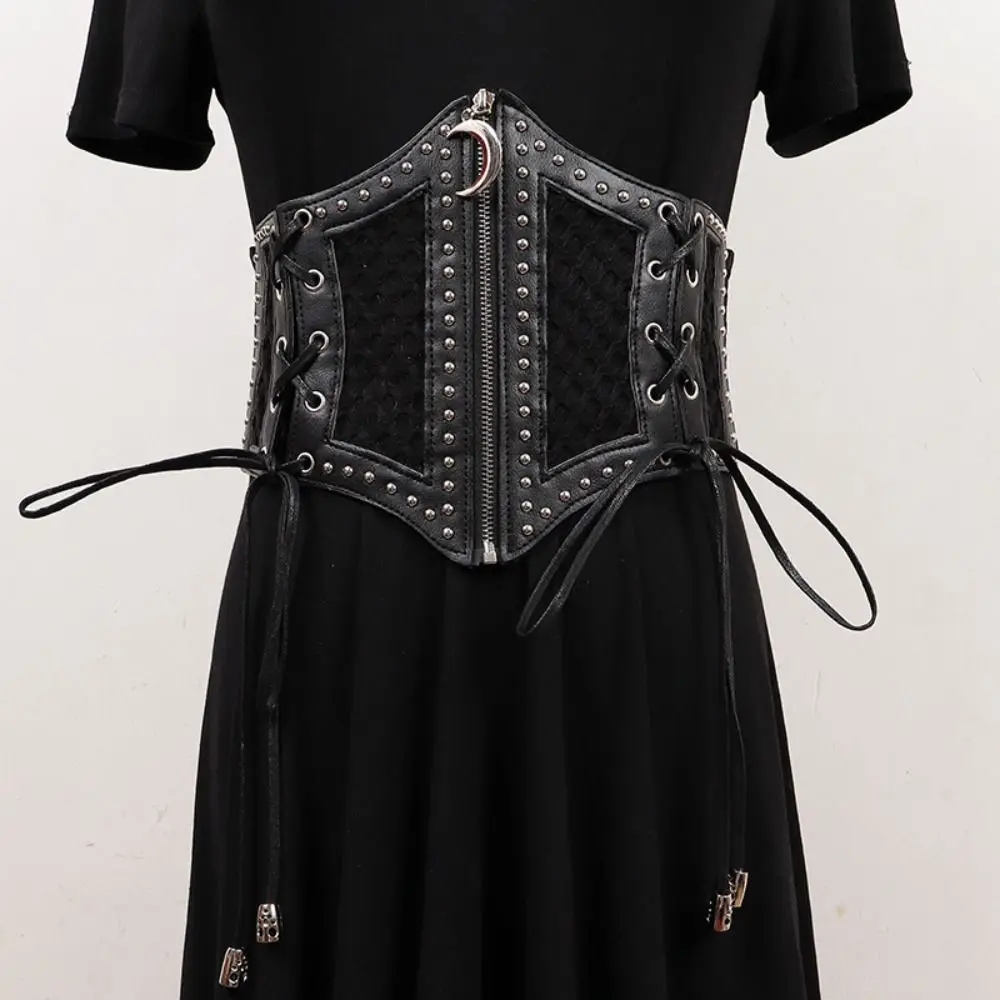 القمر سستة قلادة ليوبارد طباعة Cummerbunds بولي Leather الجلود عالية الخصر جوفاء مشد أحزمة فستان مرن حزام حزام خصر عريض