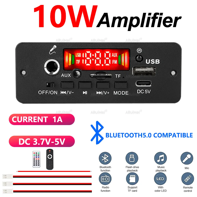10W Mini Bluetooth Amplifier Module 5v 2*5W Stereo Bluetooth Amplifier Board 3.7v MP3 FM Radio USB TF AUX Mic DC 3.7V-5V