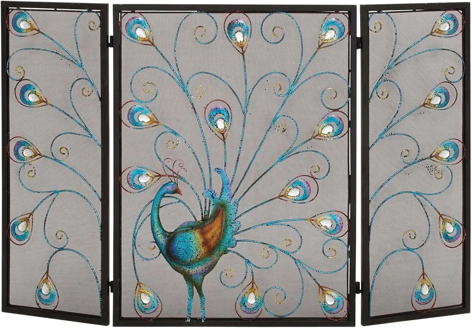 

Metal Peacock Fireplace Screen Rainbow 3 Panel with Crystal Accents and Black Frame, 48" x 1" x 32", Blue