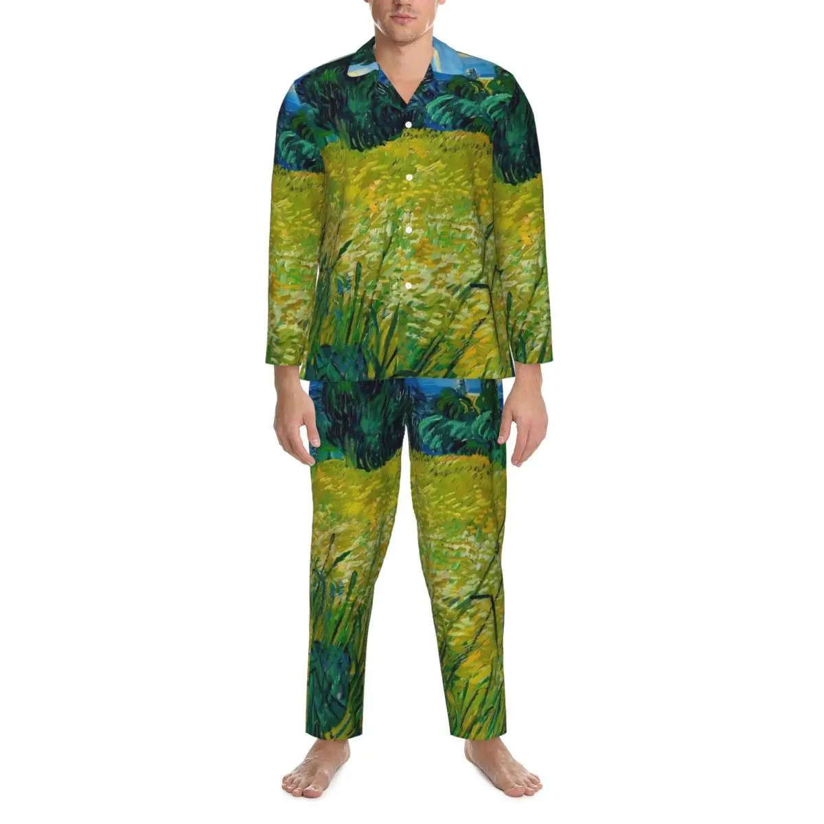 Pajamas Male Van Gogh Sleep Sleepwear green wheat field 2 Pieces Casual Pajamas Set Long Sleeve Romantic Oversize Home Suit