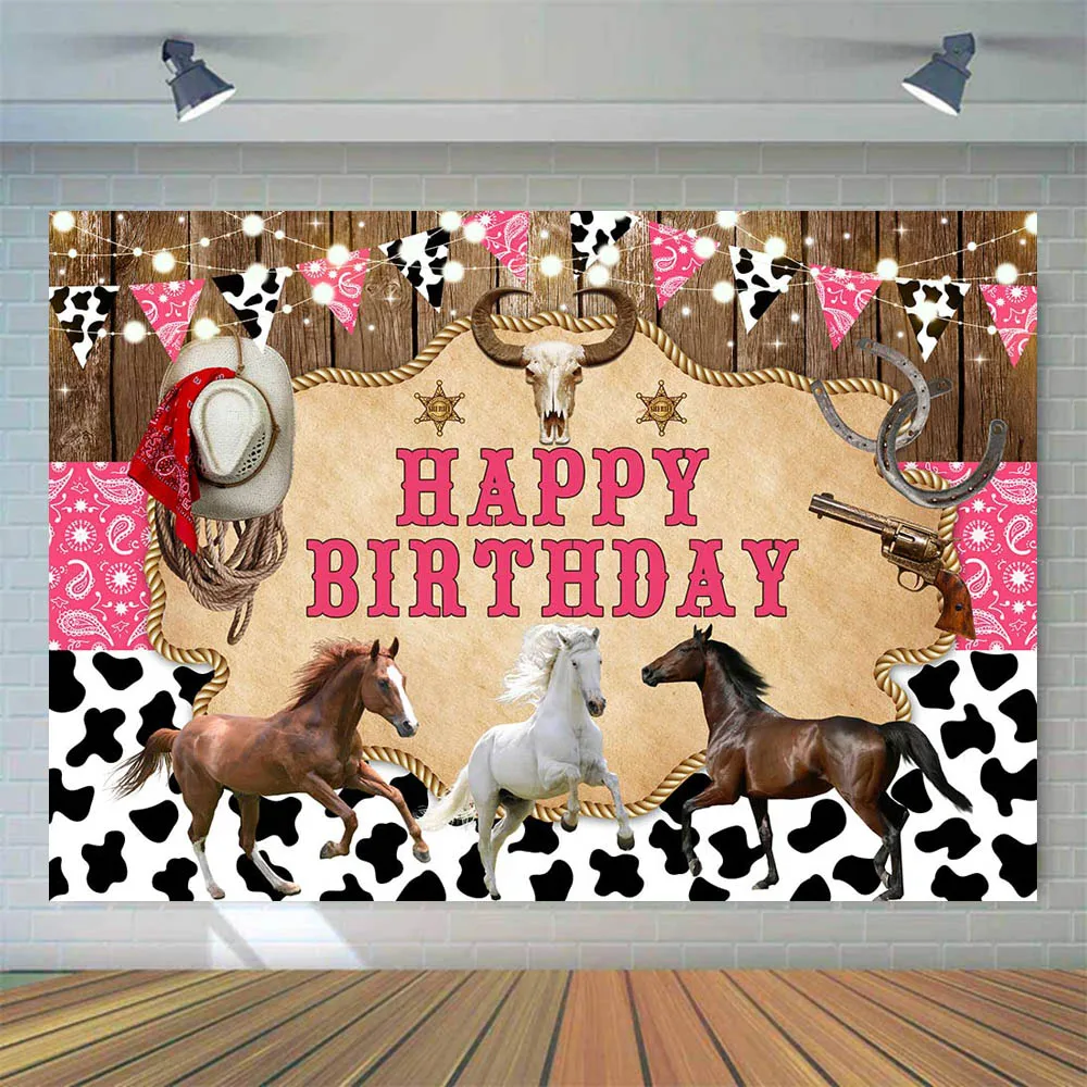 Mocsicka Cowgirl Compleanno Sfondo Rustico Cowboy Rodeo Rosa Bandana Ragazza Festa di Compleanno Decor Sfondo Studio Fotografico Photocall