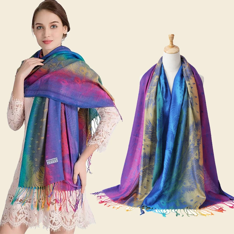 New Fashion Women's Bohemian Style Printed Shawl Rainbow Tassel Scarf