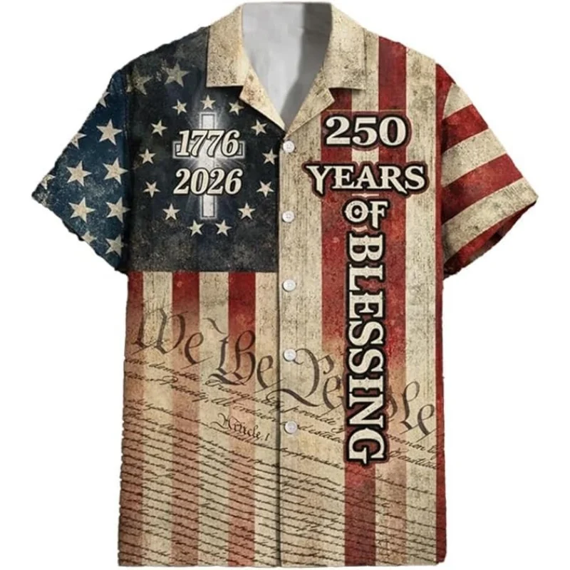 

Мужская гавайская рубашка с 3D-принтом «Бог благословит Америку» к 250-летию, с изображением орла, флага и креста, с коротким рукавом, летняя свободная рубашка-алоха
