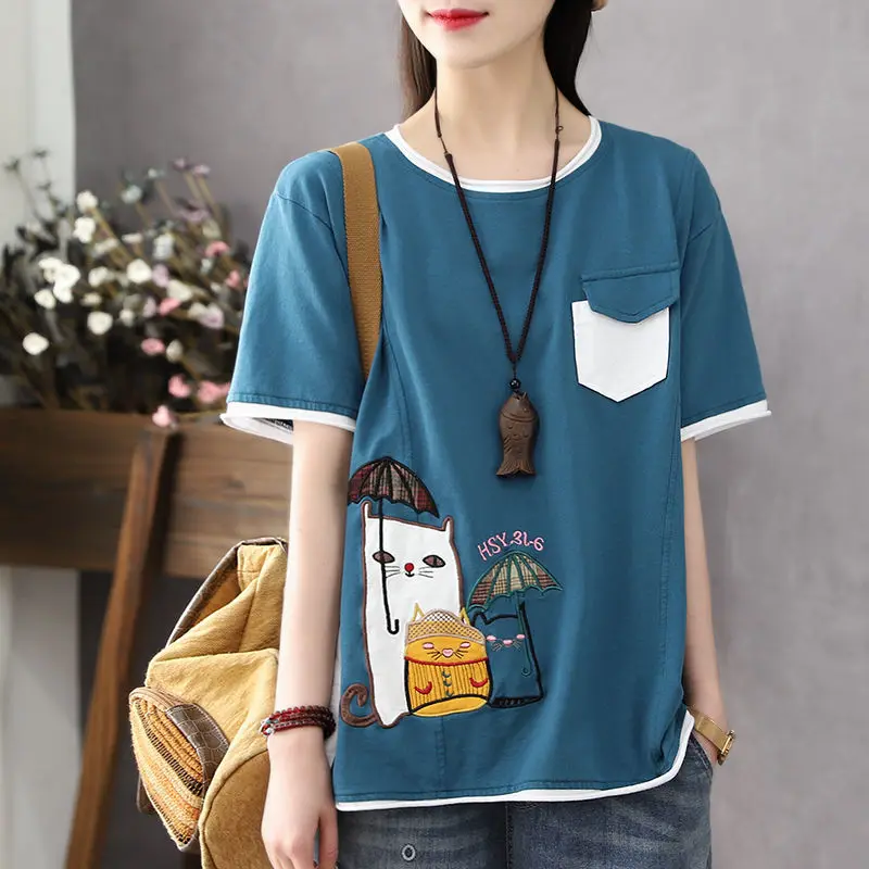 Denim Blue Panel Pockets Women T Shirt Sad Lonely Girl Comics With Umbrella Cat Embroidery Tees Summer Oversized Tops Lady