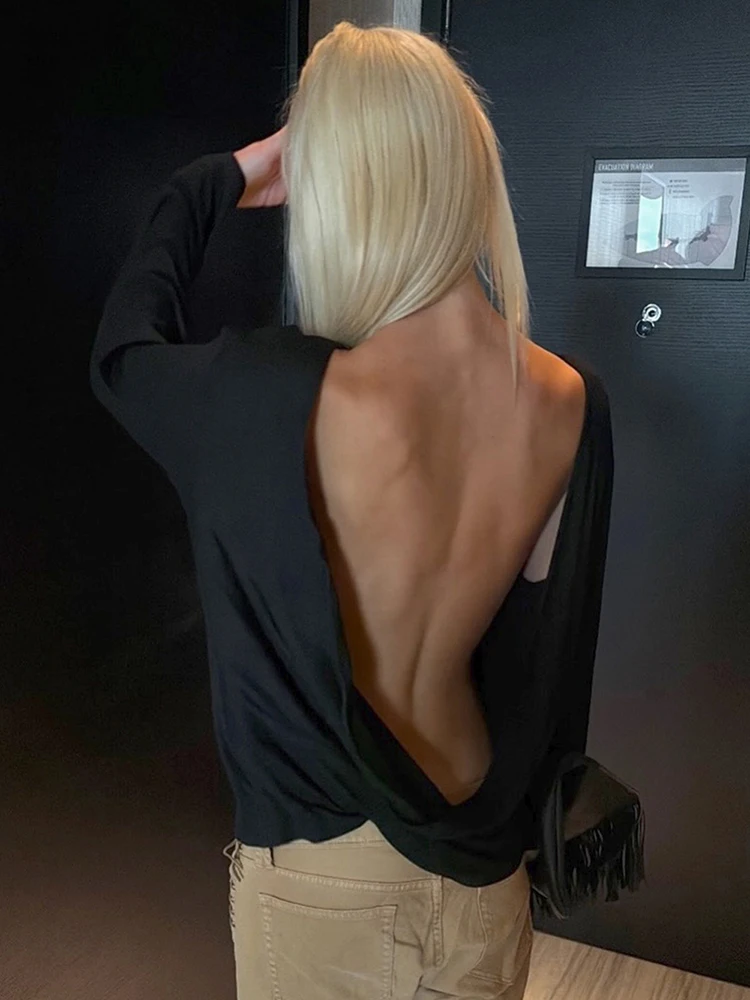 Women's Long Sleeve Top Deep U Backless Loose Shirts Solid Black Ruched Back Shirt Y2K Vintage Streetwear Casual Club Outfit
