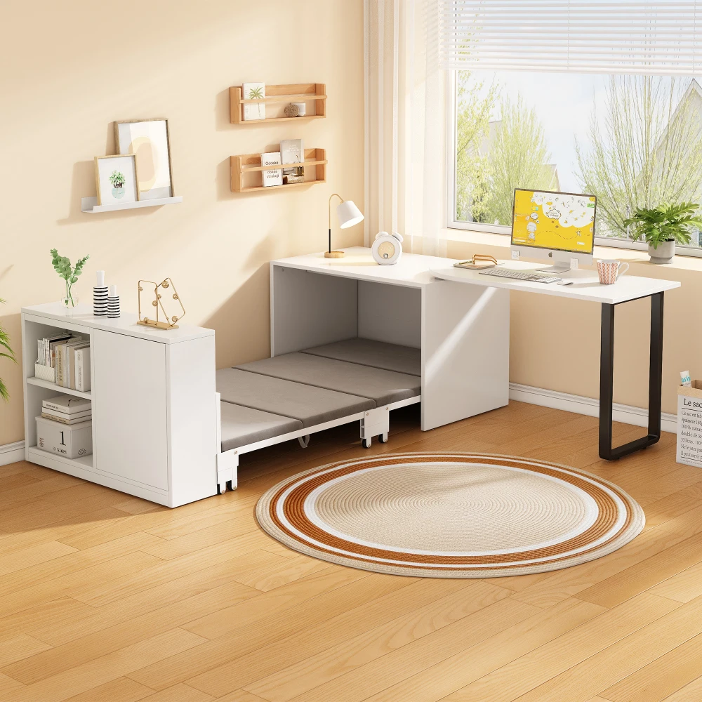 2-in-1 Klappbarer Schreibtisch & Bett Weiß Platzsparendes Multifunktionales Möbelstück Robuster Metallrahmen 4cm Dicke Matratze Rollbare Rollen