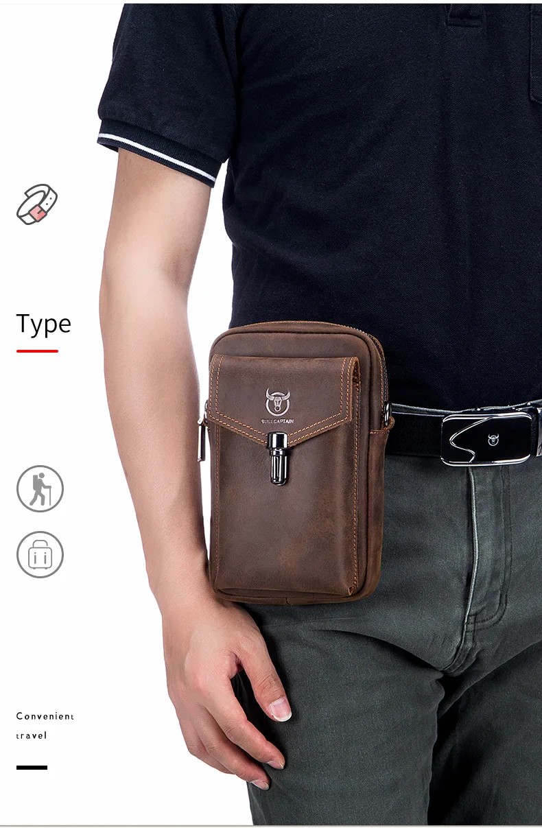 BULLCAPTAIN Crazy Horse Leder Herren Gürteltasche Handy-Hüfttasche Oberste Schicht Rindsleder Einzel-Schulter Crossbody Handytasche – Detail 6