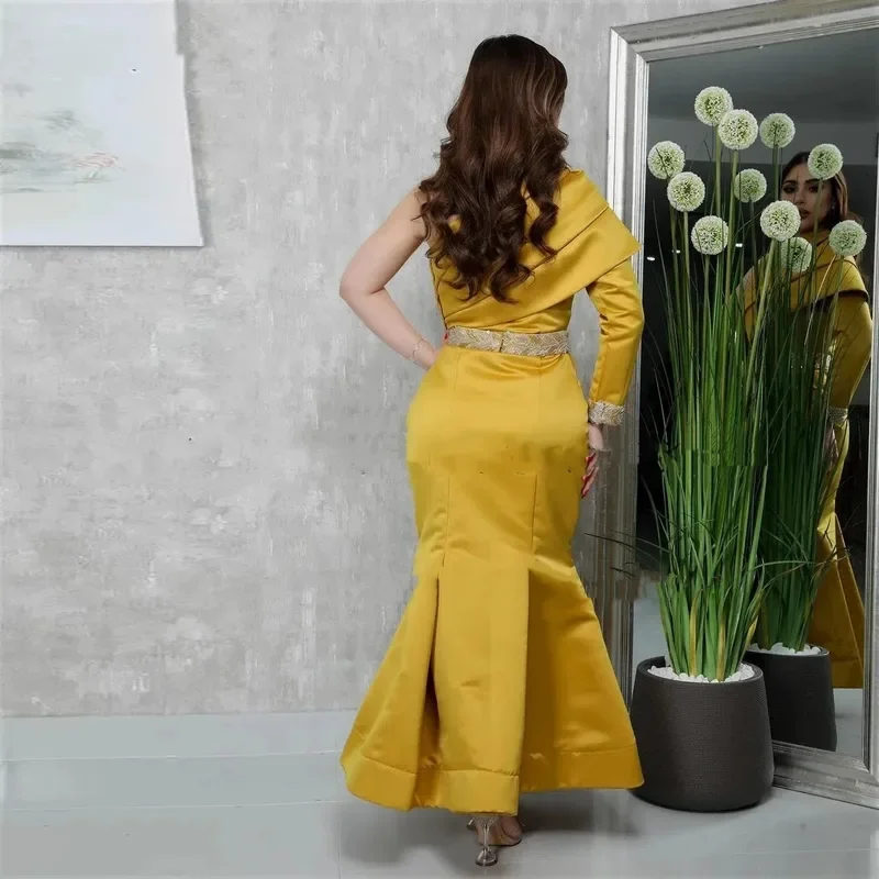 Yellow Satin Mermaid Evening Dresses One Shoulder Long Sleeve Formal Prom Dress Dubai Arabic Evening Party Gowns