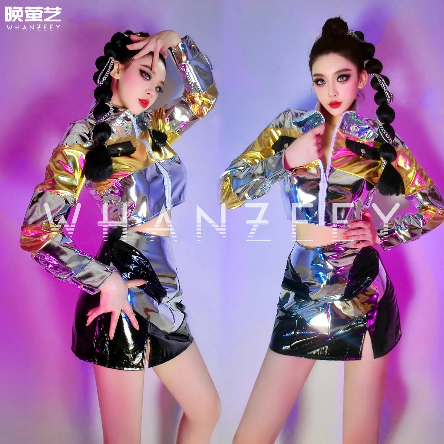 Ensemble Veste et Jupe à Fermeture Éclair Courte et Miroir Laser pour Femme, Costume de Bar, Chanteur, Discothèque, Jazz, Hip Hop, Club de Scène, 2 Pièces