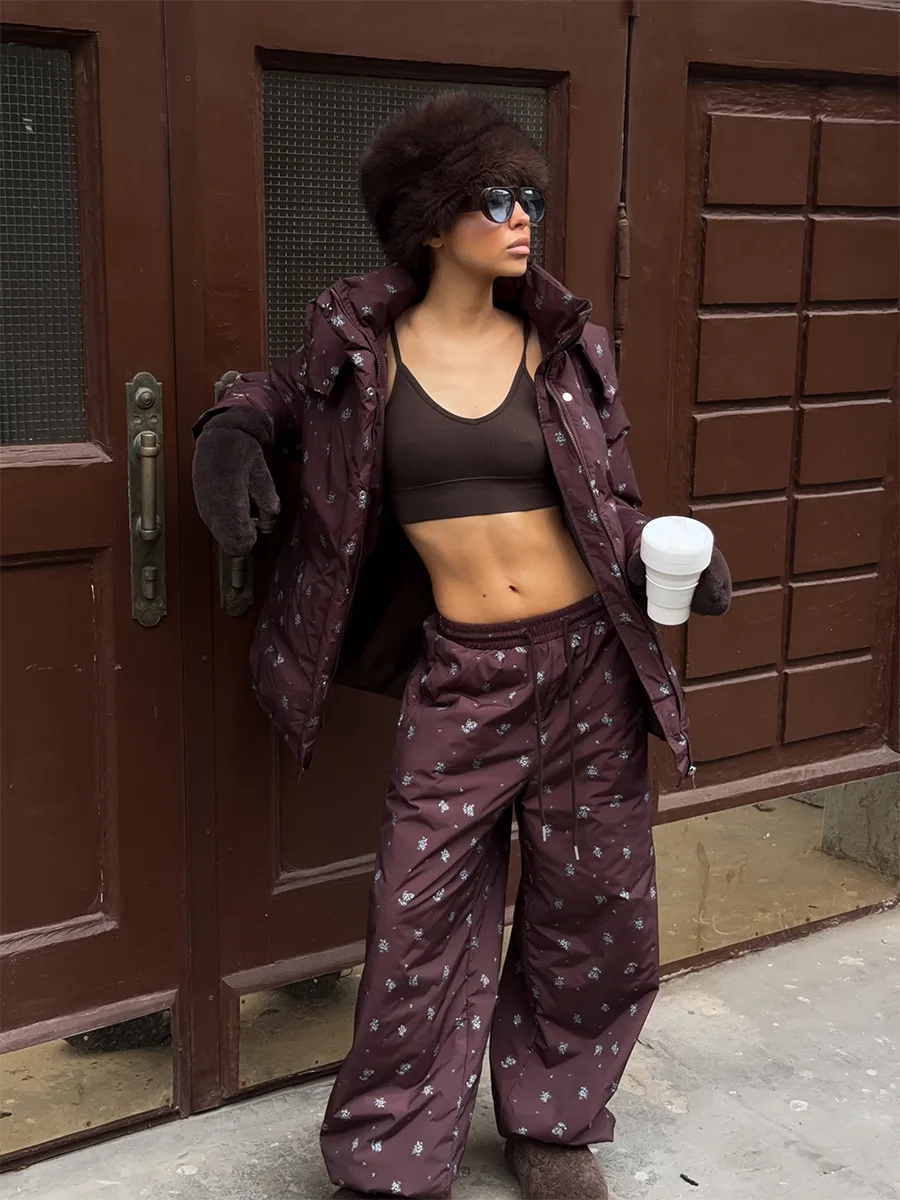 Bornladies 2026 Winter New Women's Set Fashion Warm Hooded Printed Cotton Jacket with Drawstring Pants Fashion Two Piece Set