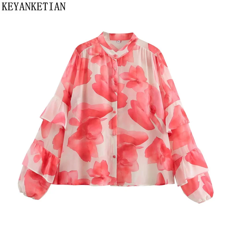 

KEYANKETIAN 2025 Spring/Autumn New Women's Flower Print Shirt Tiered Decoration Lantern Sleeve Single Breasted Loose Blouses Top