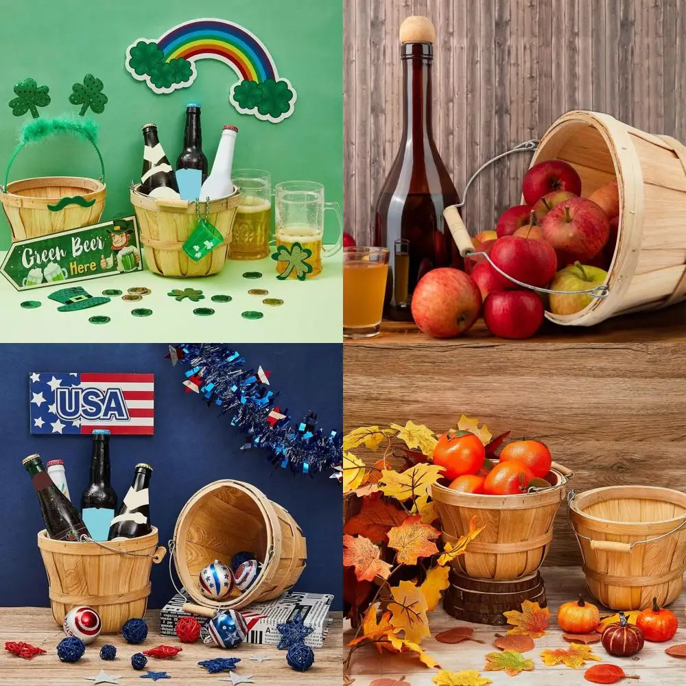 

Set of 10 Natural Wooden Round Baskets, 5.9x7.5, Easter Party, Fruit & Vegetable Storage, Portable with Handles