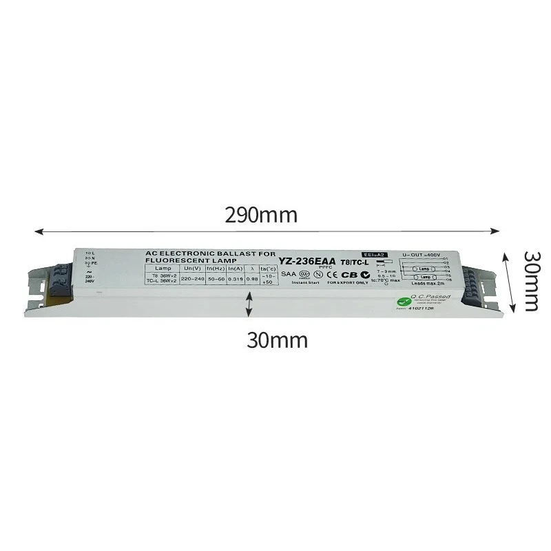 YZ-236EAA T8 TC-L 220-240V 2x36W 2x40W L290D Neon Lamp / Fluorescent Lamp Electronic Ballast