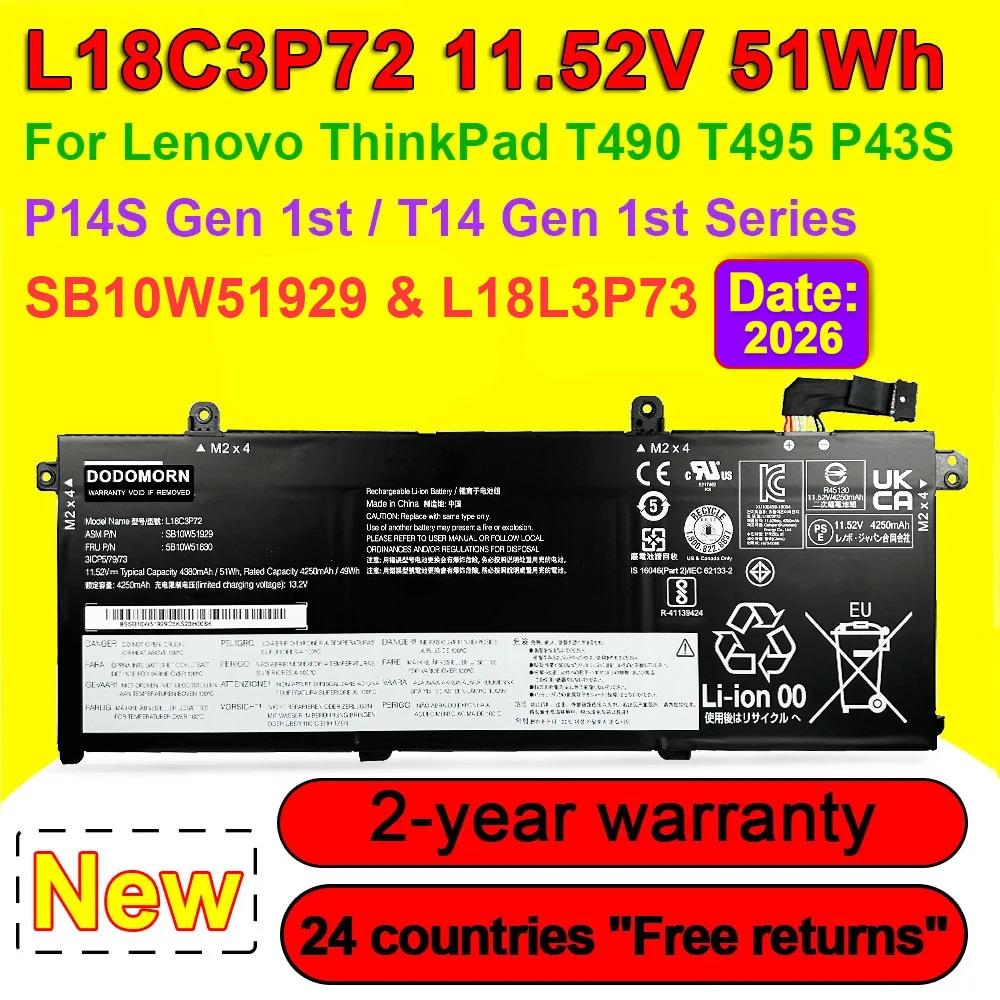 DODOMORN L18C3P72 Laptop Battery For Lenovo ThinkPad T490 T495 P43S,P14S T14 Gen 1st SB10W51929 L18L3P73 L18M3P73 51Wh OEM